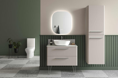 Foto di una stanza da bagno padronale minimalista con ante lisce, ante grigie, WC a due pezzi, lavabo a bacinella, top in superficie solida, top bianco, un lavabo e mobile bagno sospeso