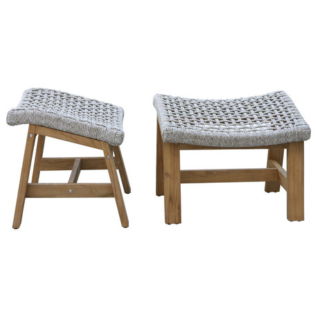 Nautical Rope and Teak Ottoman, Set of 2