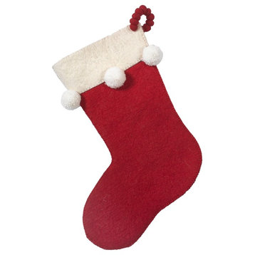 Hand Felted Wool Christmas Stocking, Pom Poms on Red