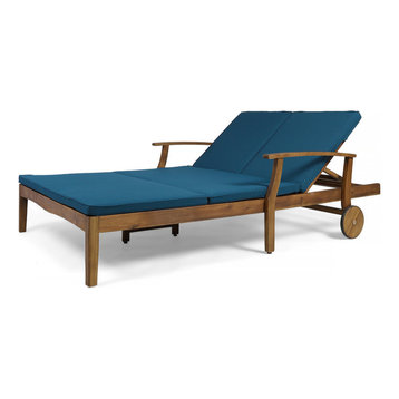 GDF Studio Samantha Outdoor Acacia Wood Double Chaise Lounge, Teak Finish/Blue