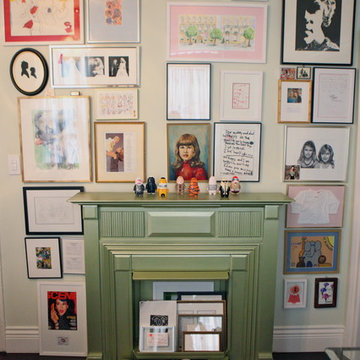 My "Wall of Life"; a cozy fireplace nook for the dog to rest.