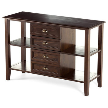 Unique Console Table, Multiple Open Shelves and Storage Drawers, Mahogany Brown