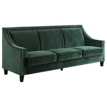 Transitional Sofa, Velvet Seat and Swoop Arms With Silver Nailhead Trim, Green