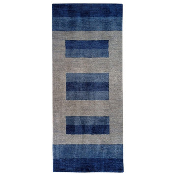 Hand Knotted Loom Wool Area Rug Contemporary Blue Light Blue