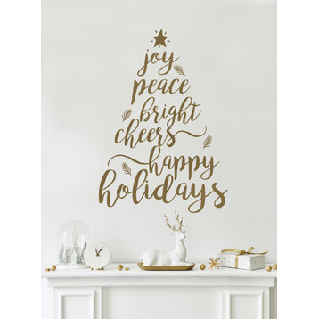 Holiday Christmas Tree Words Wall Decal, Gold, Happy Holidays