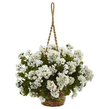 Geranium Hanging Basket Artificial Plant UV Resistant, Indoor/Outdoor, White