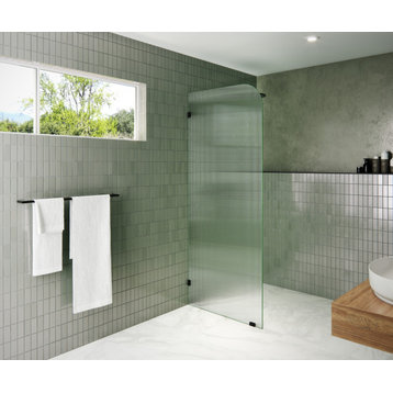 30"x78" Frameless Shower Door, Single Fixed Panel Fluted Radius, Matte Black, 30" Left