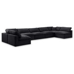 Meridian Furniture - Comfy Upholstered U-Shaped Modular Sectional, Black, 7-Piece: 5 Armless Chair, 2 Corner Chair, Velvet - Give your space a whole new look with this black Comfy velvet sectional. This handsome sectional fits nicely with other items in the Comfy collection and is a versatile seating option designed for adaptability, comfort and style. Wrapped in rich black durable velvet upholstery, this sectional offers a plush embrace of overstuffed down feather cushions, carefully crafted to deliver the highest level of comfort. The perfect seat for creating an oasis for relaxation, this sectional has thick foam surrounding its frame for added support and coziness.
