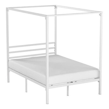 Modern Canopy Bed, Strong Metal Slats and Under Bed Storage Space, White-Queen
