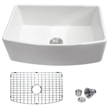 White Farmhouse Ceramic Kitchen Sink Single Bowl Apron Front Basin, 33"x19"x10"