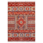 Bareens Designer Rugs - Bohemian Khurgeen Aiko Red/Beige Wool Rug 4'10"x6'5" - Designed with a mesmerizing intricate transitional and geometric motif this glorious hand knotted rug made with handspun Ghazni wool is a masterpiece that will fill any space with sophistication and grace. Hand knotted by skilled artisans in an exhilarating color pallet with an elaborate design, this masterpiece features luxurious hand spun wool with all vegetable dyes to add comfort and style to your decor. The design, color, and beautiful chromatic composition with a sheen in transitional and geometric designs, exude beauty, elegance and quality make this rug an extraordinarily opulent center piece for your living space. The intricate designs known as Khurgeen, Khorgeen or Khorjin range are inspired by the patterns from ancient tribal bags. An infusion of bold, saturated color gives this traditional hand-knotted rug a fresh perspective and modern appeal. Most desired due to its versatility in design and affordability this handmade rug is in a compelling focal point in any living area.