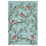 Liora Manne - Ravella Birds On Branches Indoor/Outdoor Rug, Aqua, 7'6"x9'6" - This hand-hooked area rug features a picturesque scene of colorful song birds birches on delicate tree branches. This nature inspired design will effortlessly compliment any indoor or outdoor space. Made in China from a polyester acrylic blend, the Ravella Collection is hand tufted to create vibrant multi-toned detailed designs with tight textural loops and a high quality finish. The material is flatwoven, weather resistant and treated for added fade resistance, making this area rug perfect for indoor or outdoor placement. This soft, durable area rug is ideal for your patio, sunroom or those high traffic areas such as your kitchen, living room, entryway or dining room. Intricately shaded yarns bring to life the nature inspired designs of this collection that will beautifully accent your home. Limiting exposure to rain, moisture and direct sun will prolong rug life.
