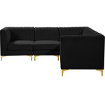 Meridian Furniture - Alina Velvet Modular L-Shaped Modular Sectional, Black, 5-Piece: 2 Armless Chair, 3 Corner Chair - Bring modern beauty to your space with the addition of this Alina Velvet Modular sectional. This beautiful sectional features deep channel tufting to ramp up its visual interest and add to its resilient demeanor. Its soft black velvet upholstery blends nicely with existing elements in your room and is sleek to the touch, making this seat a super comfortable one. Part of the modular Alina collection, this sectional has a latch that attaches it to other pieces to create your custom seating arrangement.