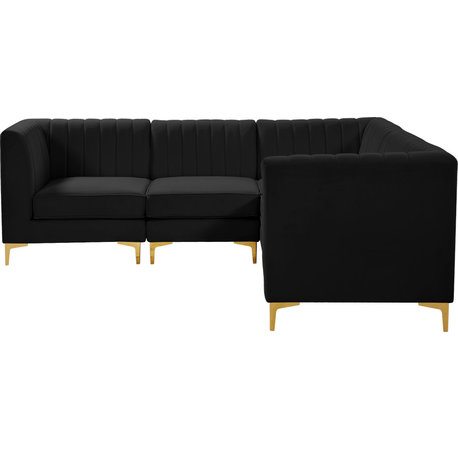Alina Velvet Modular L-Shaped Modular Sectional, Black, 5-Piece: 2 Armless Chair, 3 Corner Chair