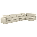 Meridian Furniture - Comfy Upholstered L-Shaped Modular Sectional, Cream, 5-Piece: 3 Armless Chair, 2 Corner Chair, Vegan Leather - Give your space a whole new look with this cream Comfy vegan leather sectional. This handsome sectional fits nicely with other items in the Comfy collection and is a versatile seating option designed for adaptability, comfort and style. Wrapped in rich cream durable vegan leathered upholstery, this sectional offers a plush embrace of overstuffed down feather cushions, carefully crafted to deliver the highest level of comfort. The perfect seat for creating an oasis for relaxation, this sectional has thick foam surrounding its frame for added support and coziness.