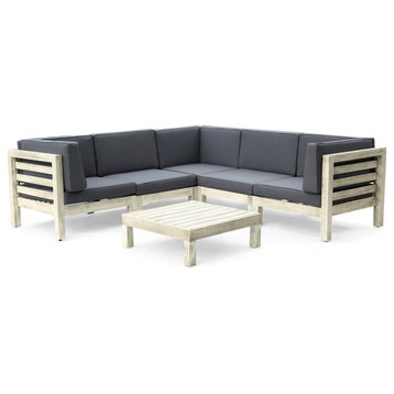May Outdoor 6-Piece V-Shaped Acacia Wood Sectional Sofa Set With Coffee Table, Weathered Gray/Dark Gray
