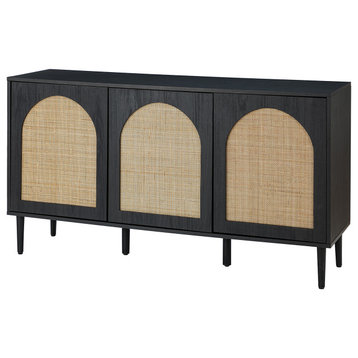 3-doors Modern Sideboard Cabinet With Rattan Design, Black