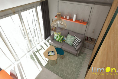 Réalisation d'un petit salon design ouvert avec un mur orange, sol en béton ciré, aucune cheminée, un téléviseur indépendant et un sol gris.