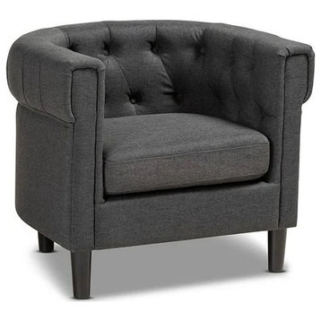 Unique Accent Chair, Button Tufted Curved Back, Exterior Channel Details, Gray