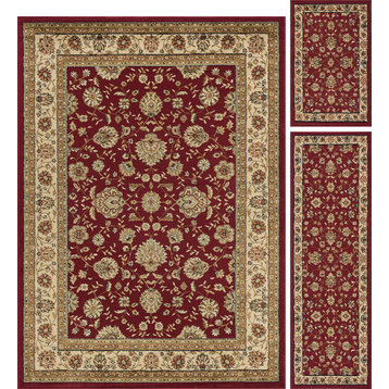 Raleigh Traditional Floral Red 3-Piece Area Rug Set