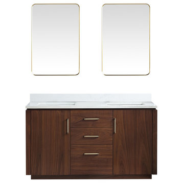 San Bath Vanity with Stone Top, Natural Walnut, 60m", Double Vanity, With Mirror
