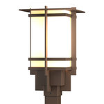 Hubbardton Forge - Tourou Outdoor Post Light, Coastal Bronze Finish, Opal Glass - Although the design is in honor of traditional Japanese stone lanterns, our Tourou Outdoor fixture is much easier to post-mount outside home or business. Metals bands crisscross and hug the square glass tube for design flare.