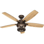 Hunter Fan Company - Hunter 52" Coral Bay Weathered Copper Damp Rated Ceiling Fan With LED Light Kit - The Coral Bay chandelier ceiling fan features a lantern-style light fixture with three vintage, energy-efficient LED Edison bulbs encased in seeded glass. The Noble Bronze ceiling fan finish will complement your farmhouse decor. This rustic ceiling fan is damp rated for use in covered porches and patios as well as indoor spaces like living rooms, bedrooms and kitchens. The Coral Bay comes with a handheld remote for easy control of the fan speed and direction as well as lighting.