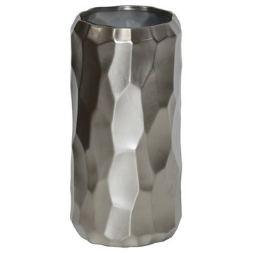 Cylindrical Vase, Embossed Irregular Pattern Design Body, Silver, Tall