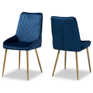 Priscilla Navy Blue Velvet Upholster Gold Finish Metal 2-Piece Dining Chair Set