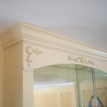 Living room. Mill work. Custom mural. Stencil.