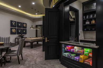 Large transitional open concept carpeted game room photo in Salt Lake City with a wall-mounted tv