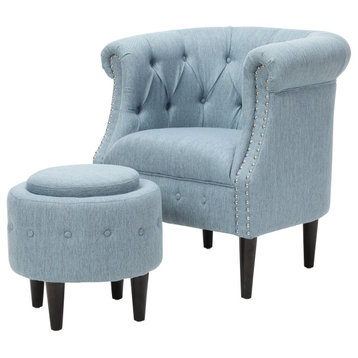 Leila Petite Tufted Fabric Chair and Ottoman Set, Light Blue, Dark Brown