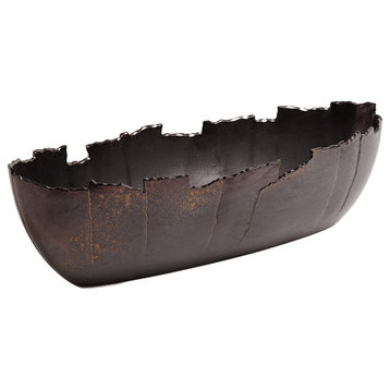 Rustic Industrial Bronze Ceramic Centerpiece Bowl Oval Canoe Metallic Strips