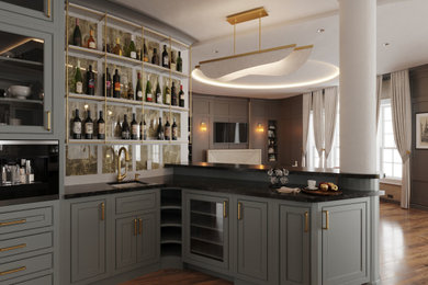 Example of a transitional home bar design in New York