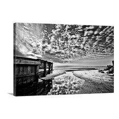 Black And White Popcorn Clouds Sky-Wooden Fence Wrapped Canvas Art Print, 4
