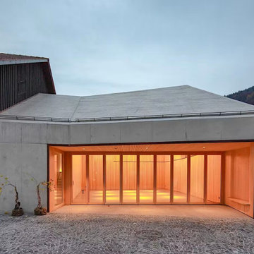 NW Wood 540 Opens the Full Facade to the Courtyard at Dusk, Berneck Residence