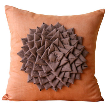 Applique Flower 16"x16" Felt Orange Decorative Pillows Cover, Warm Summer