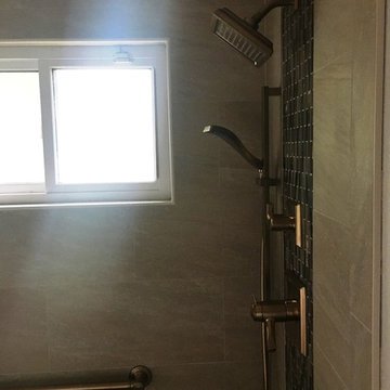 BATHROOM - Contemporary Tub-To-Shower 12 x 24 TanTile and Linear Mosaic Accent