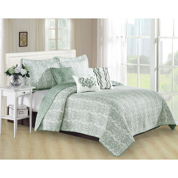 Mayfair 6 Piece Quilted Printed Bed Spread, Mint Green/Lime/Mint, Queen