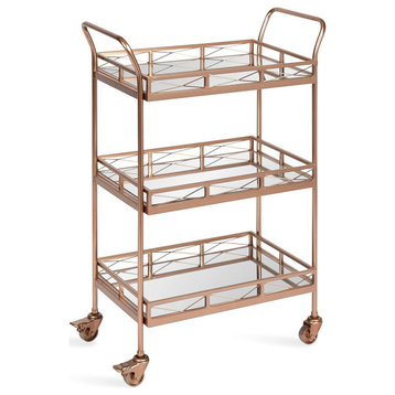 Modern Bar Cart, Metal Frame With Ornate Accents & Mirrored Shelves, Rose Gold