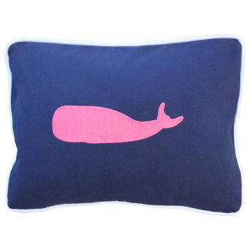 Navy Lumbar Pillow With Whale Motif, Pink, Poly Insert