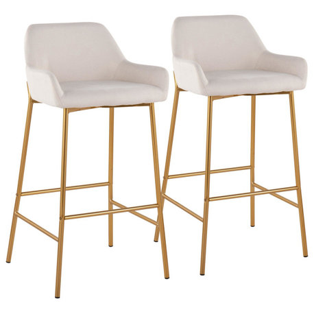 Daniella Fixed-Height Bar Stool, Set of 2, Gold Metal, Cream Fabric