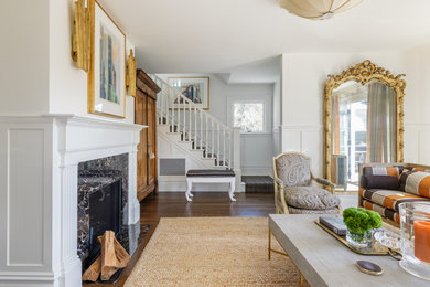 Living room - mid-sized formal and open concept dark wood floor living room idea in San Francisco with white walls, a standard fireplace and a tile fireplace