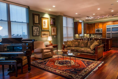 Mid-sized transitional formal and open concept dark wood floor and brown floor living room photo in Houston with green walls, no fireplace and no tv