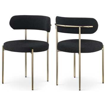Beacon Boucle Fabric Dining Chair, Set of 2, Black, Boucle Fabric, Brushed Brass Finish