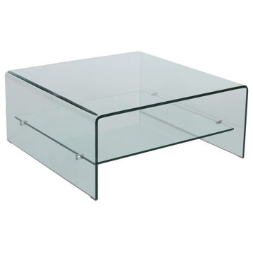 Modern Coffee Table, Tempered Glass Construction With Spacious Open Shelf, Clear