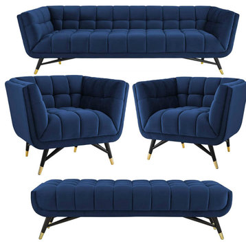Velvet Fabric Tufted Sofa, Accent Bench, 2 Lounge Chairs, Midnight Blue