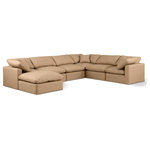 Meridian Furniture - Indulge Upholstered Modular U-Shaped Sectional, Tan, 7-Piece: 3 Armless Chair, 3 Corner Chair, 1 Ottoman, Fiber Stuffed Vegan Leather - Experience ultimate comfort and style with our tan vegan leather Indulge Sectional. The luxurious vegan leather will elevate the aesthetic of any room. This sofa provides ample space for you to relax while its modular build offers the option of unlimited configurations. Whether you're looking to add a stylish element to your living room or a comfortable seating option to your bedroom, this sofa is the perfect choice.