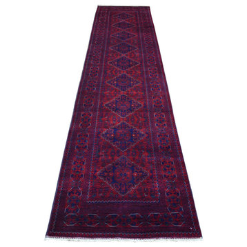 Red Afghan Khamyab Wool Geometric Design Hand knotted Wool Runner Rug 2'9"x13'2"