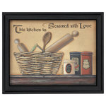 TrendyDecor4U - "Seasoned with Love" By Pam Britton, Printed Wall Art, Black Frame - "Seasoned with Love" is a 18" x 14" black framed  art print by Pam Britton.  This artwork features a tabletop with a basket of baking utensils and canisters which reads the kitchen is seasoned with love.  This totally American Made wall decor item features an decorative black  frame The print has a protective, archival finish (glass is not needed) and arrives ready to hang.